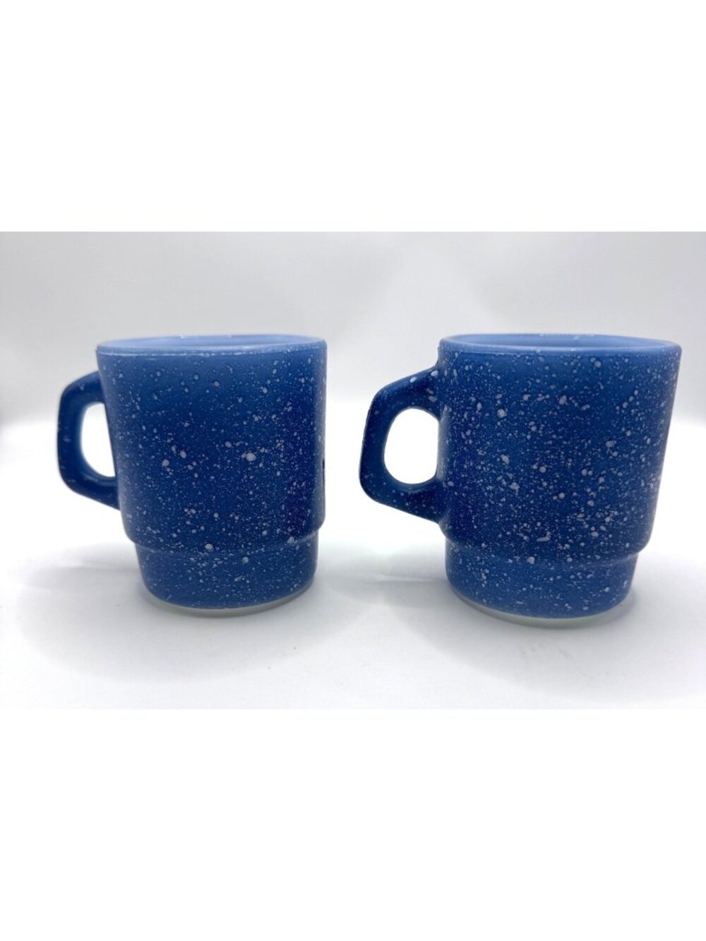 Vintage Anchor Hocking Fire King Blue Speckled Milk Glass Mugs Set 2 Durable Sta